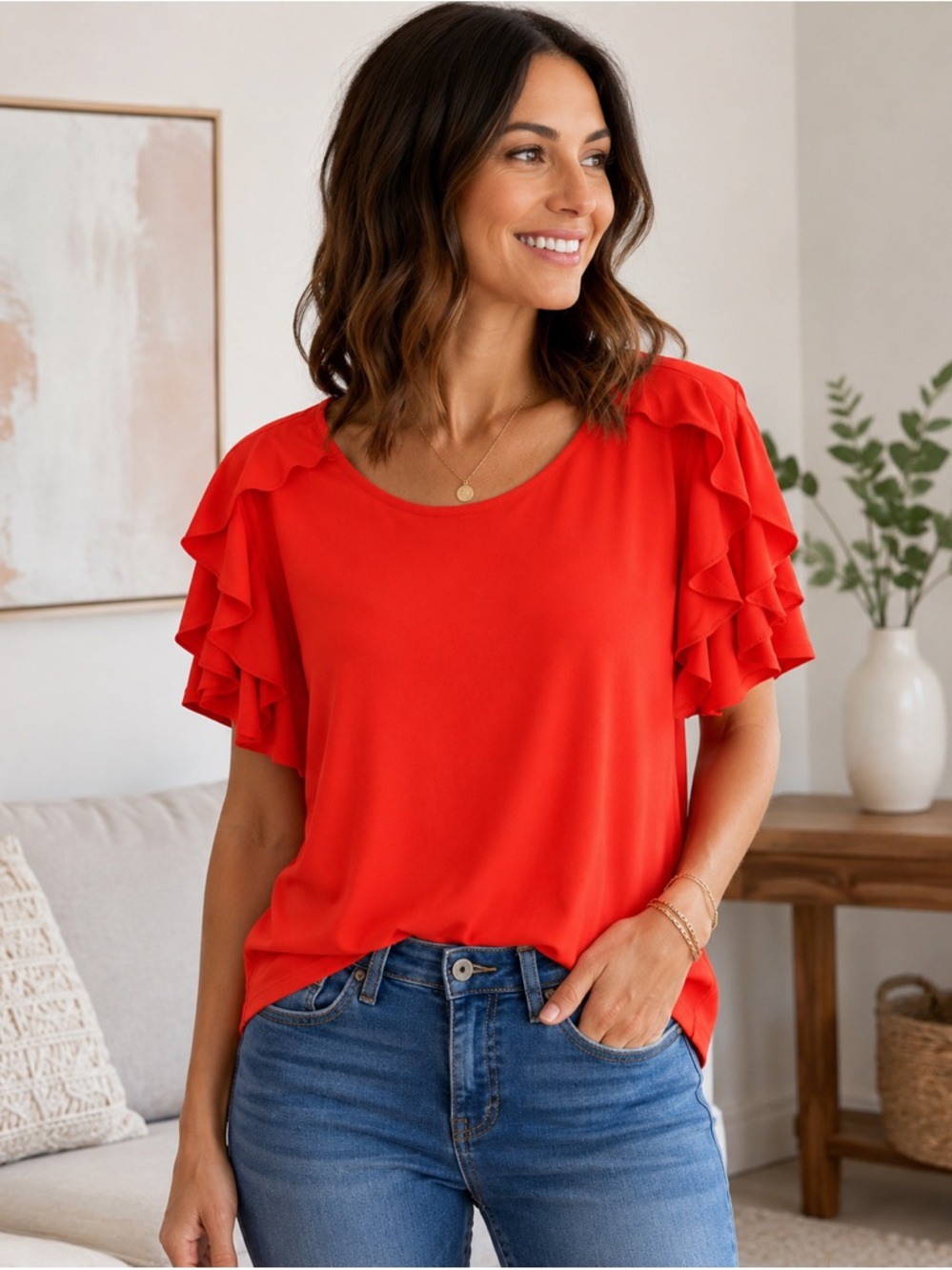 Worthington Blouse PXL Orange Ruffle Flutter Sleeve Scoop Neck Stretch Top